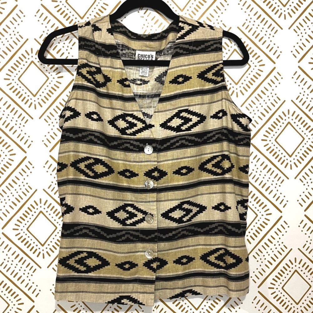 Vintage Chicos Southwestern Button Front Vest Linen Blend Tan Black Size 1